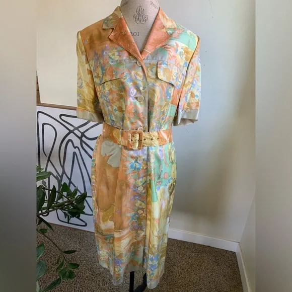 Vtg Louis Feraud 100% Silk Midi Dress Abstract Wearable Artsy sz 10 Belted Boho - Picture 16 of 16